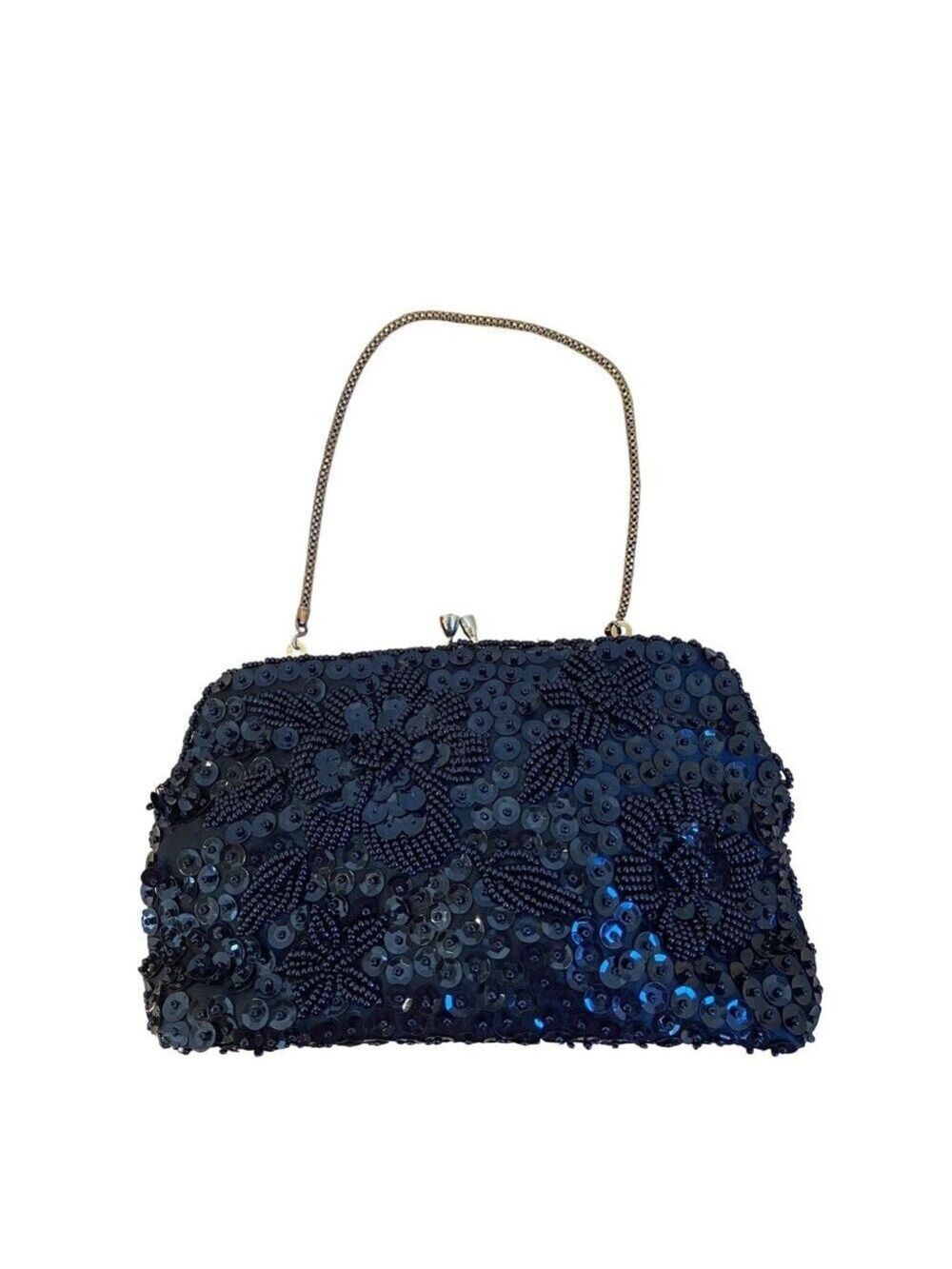 Vintage Du-Val Black Beaded & Sequined Evening Clutch Purse With Gold Chain Hand